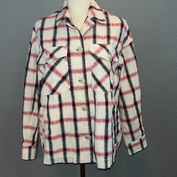 ZARA Plaid Oversized Italian Fabric Shacket Shirt Jacket - Cream Red & Black  XS - Picture 1 of 15